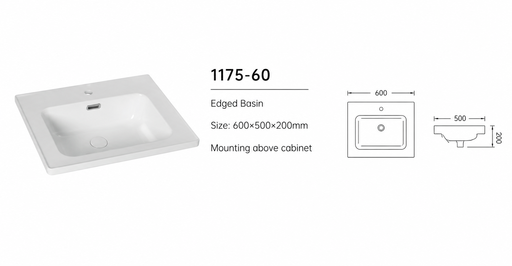 Novo 1175-60 600mm DTA HF OAK 2-Drraw Floor-standing Vanity & Nano Glazed Ceramic Basin