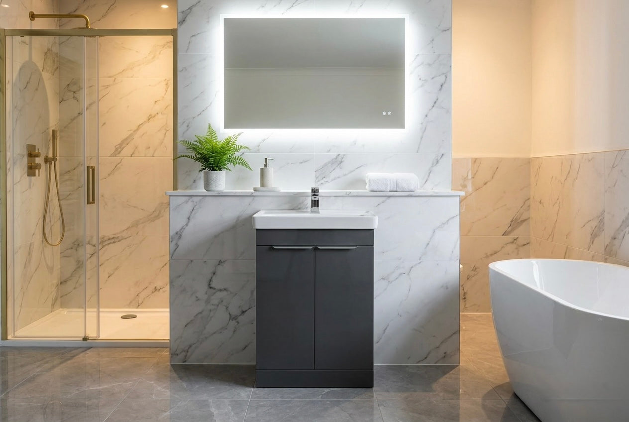Novo 600mm Arya Smoke Grey 2-Door Floorstanding Vanity unit with Nano Glazed Ceramic Basin
