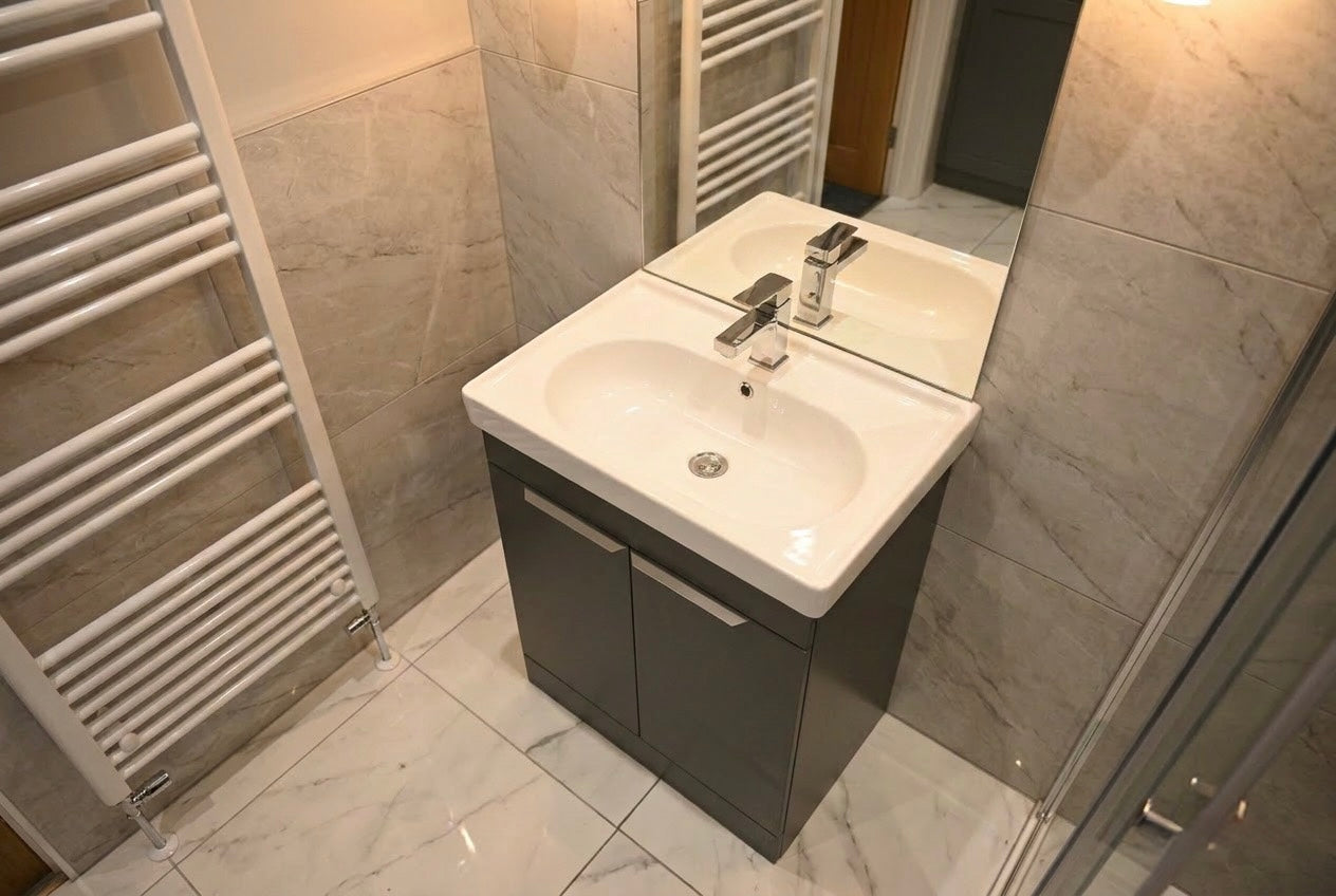 Novo 600mm Arya Smoke Grey 2-Door Floorstanding Vanity unit with Nano Glazed Ceramic Basin