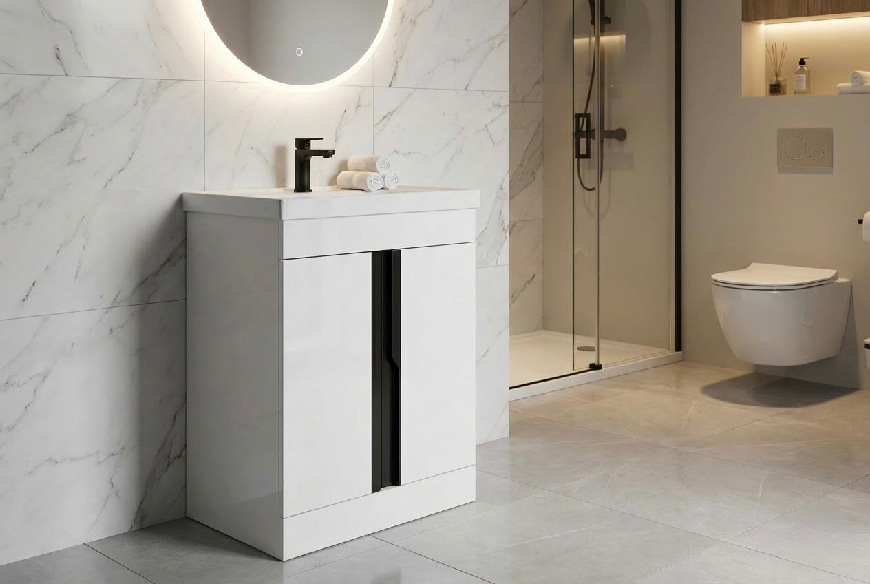Novo 600mm Frame White DTA 2-Door Floorstanding Vanity unit with Nano Glazed Ceramic Basin