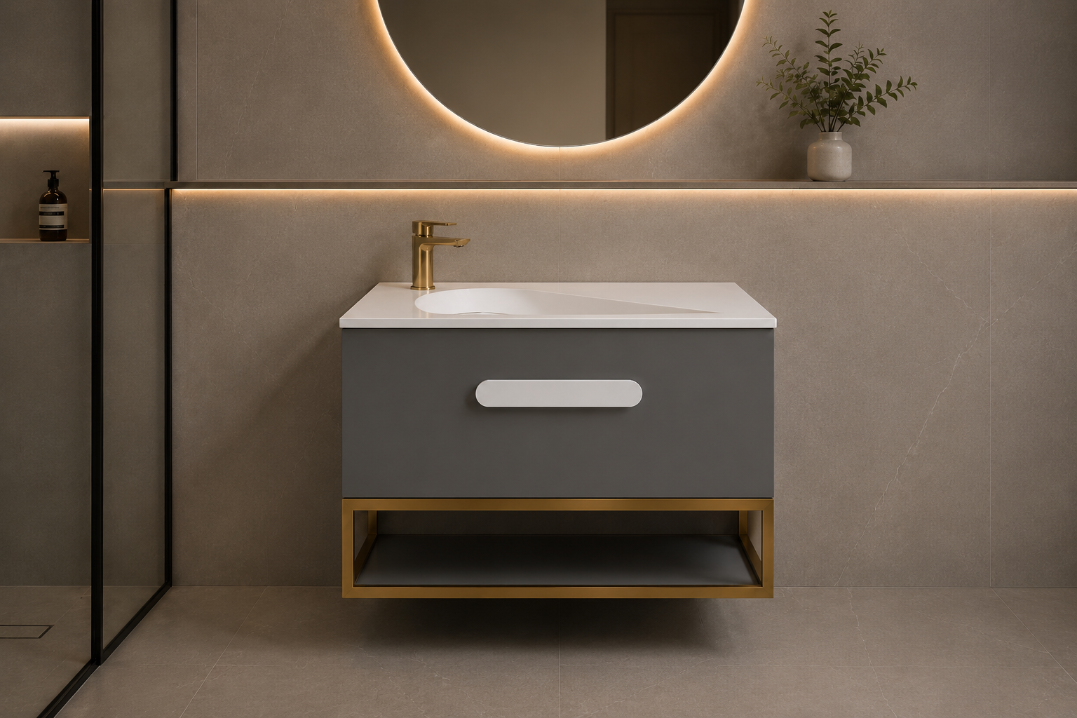 Troya 800mm Grey Matt Single Draw Bathroom Vanity Unit with Golden Frame Inc Solid Surface Basin