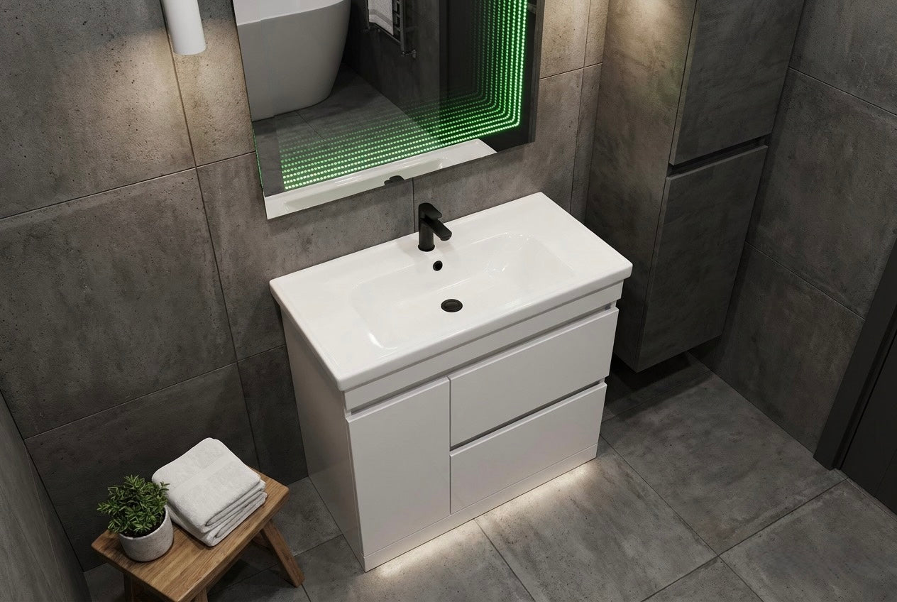 1000 Frame Floorstanding 2-Draw with Single Door Handleless Vanity unit with Ceramic Basin