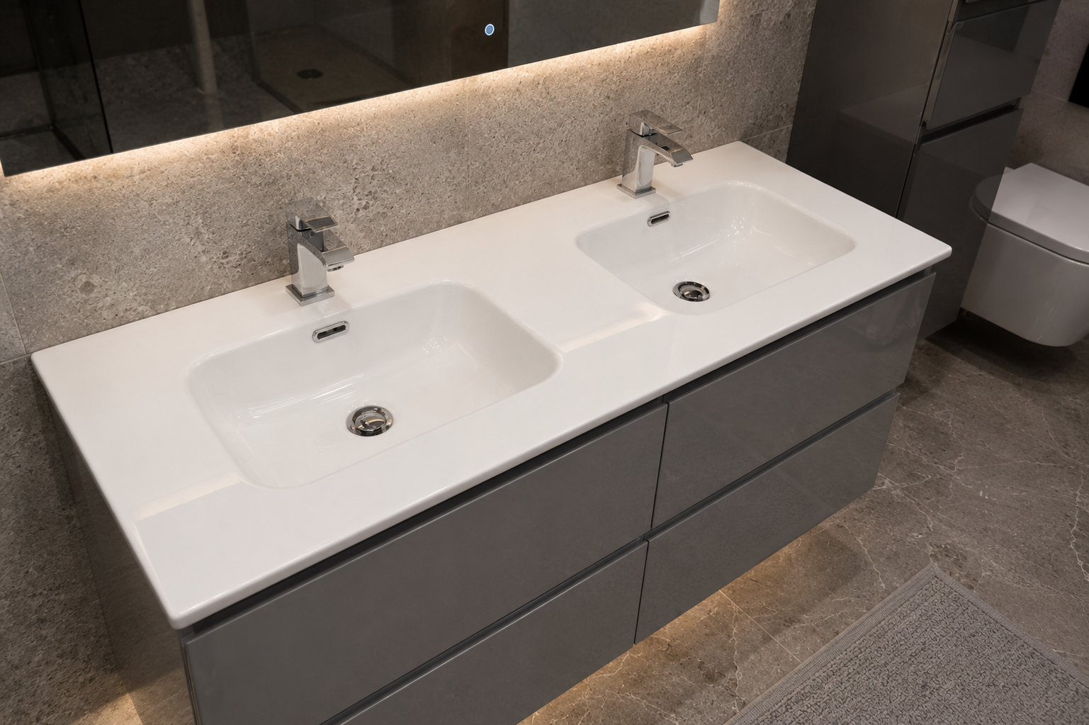 D-120 1200mm Grey Gloss 4 Draw Wall Hung Bathroom Vanity unit with WoodenFrame Inc Double Ceramic Basin