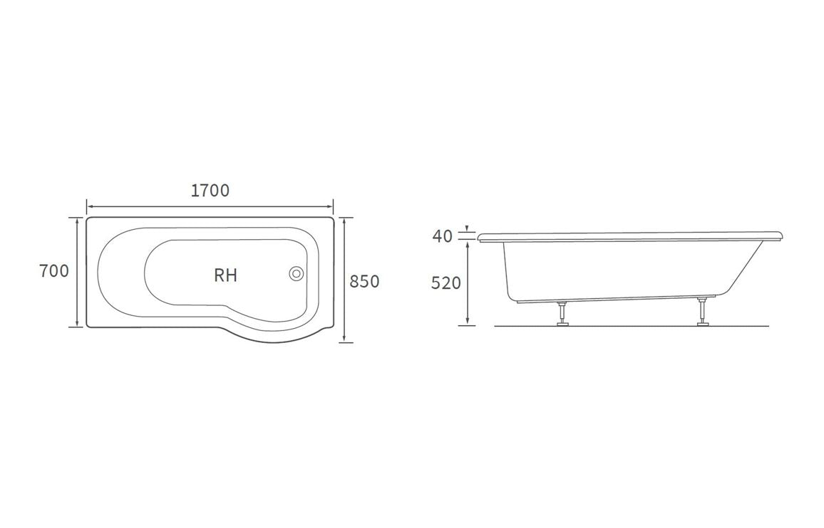 Ora P Shape SUPERCAST 1700x850x560mm 0TH Shower Bath Pack