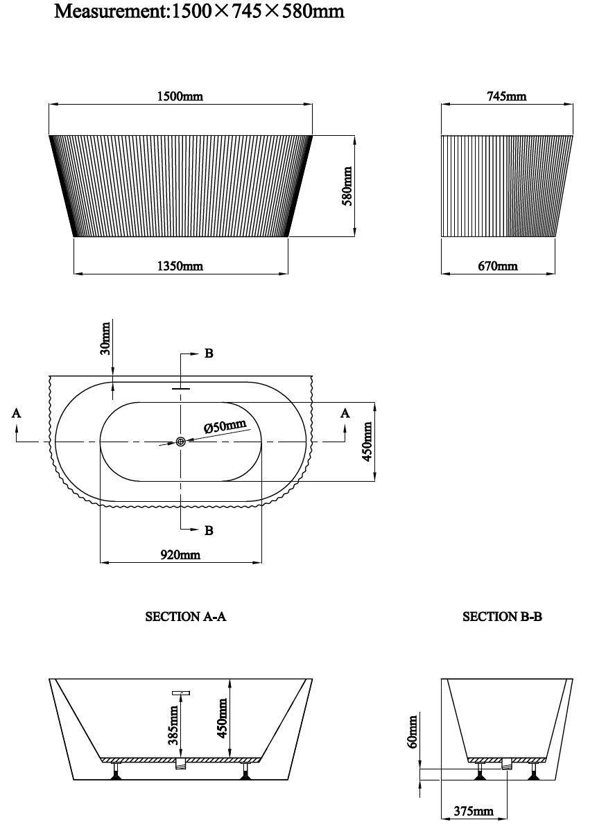Novo 1500 Linear Back to Wall Freestanding Designer Bath
