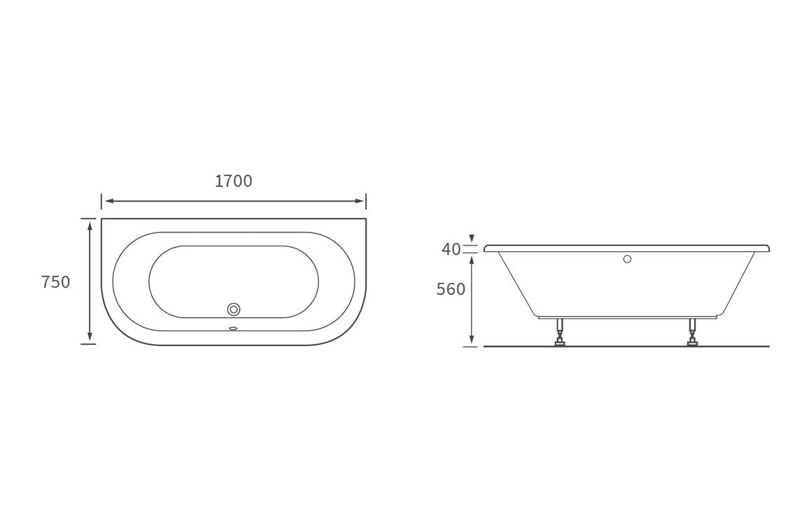 Sanibel Back To Wall 1700x750x600mm 0TH Bath w/Legs