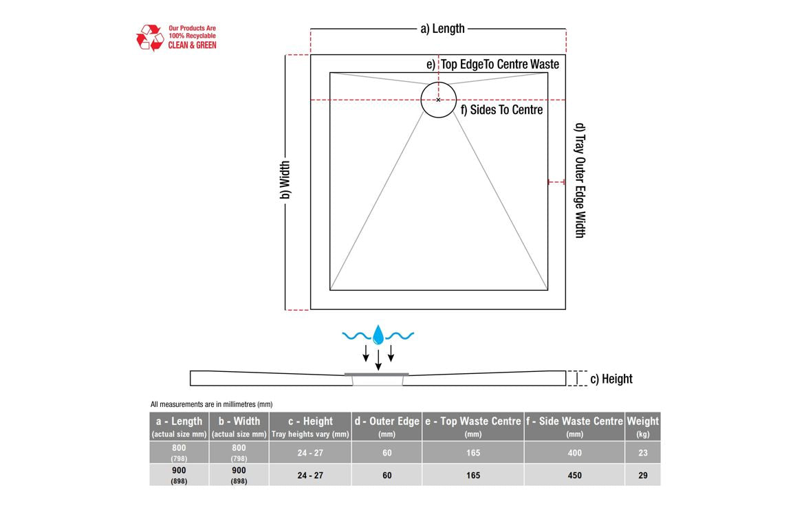 25mm Anti-Slip Ultra-Slim Square Tray & Waste