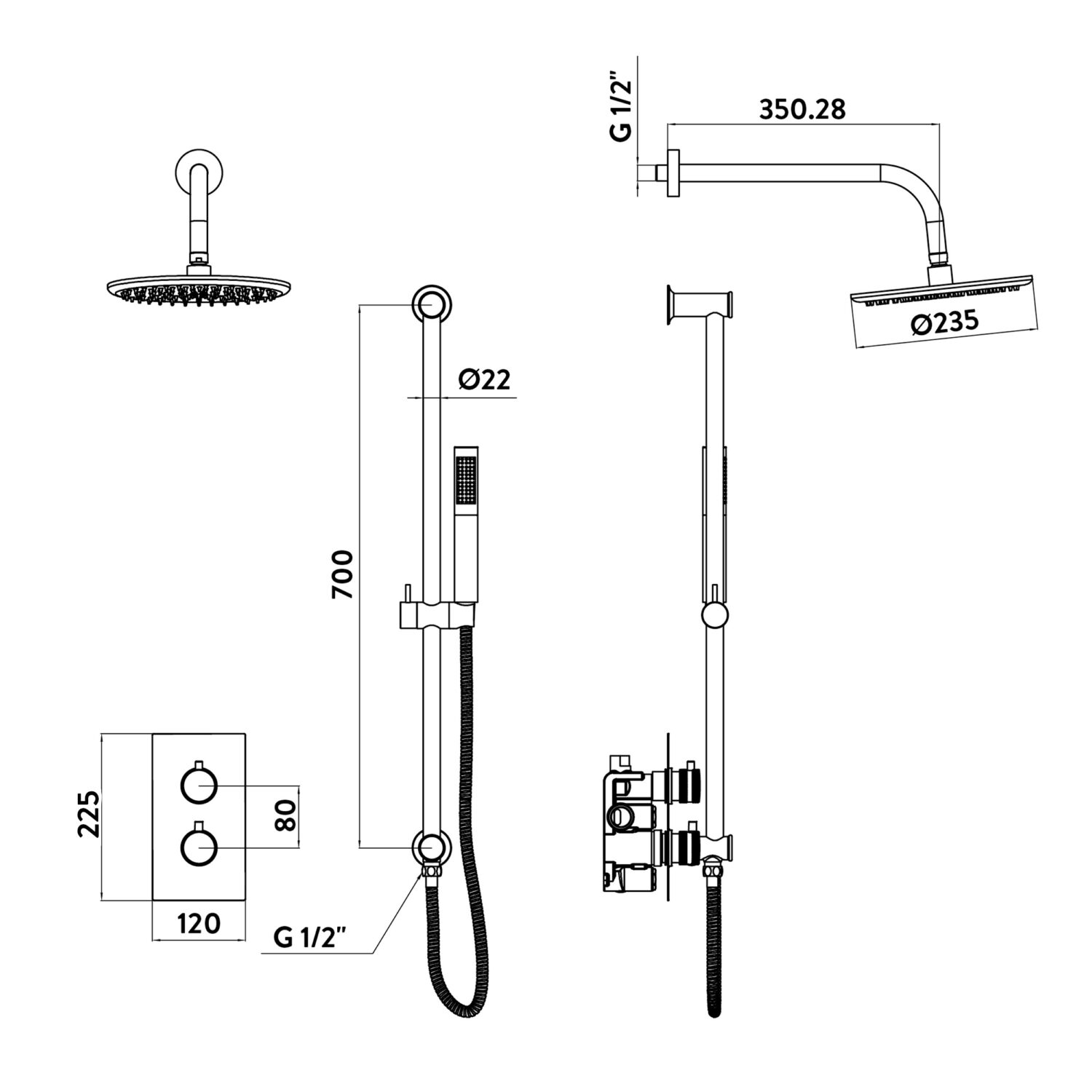 Core Chrome Round Handle, Head & Handset Riser Kit