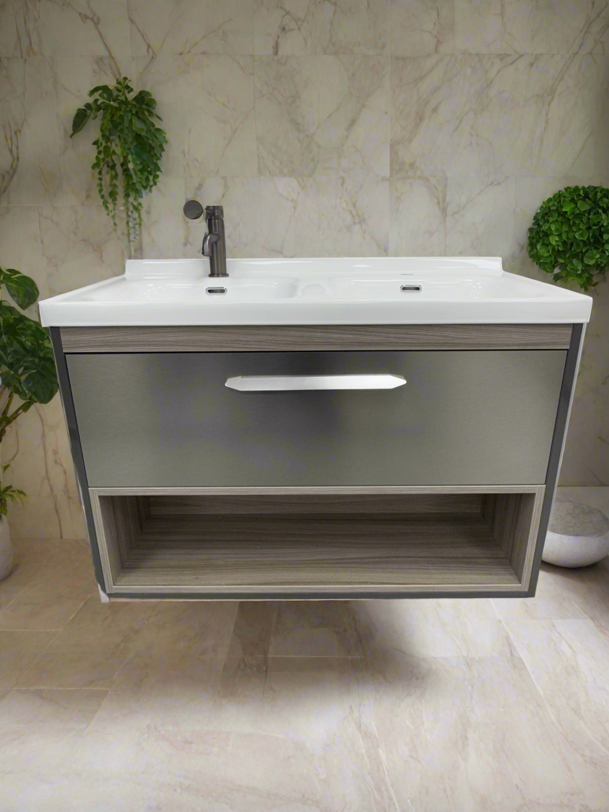 1170-100 1000mm Oak Wood Single Draw Wall Hung Bathroom Vanity unit with WoodenFrame Inc Nano Glazed Ceramic Basin