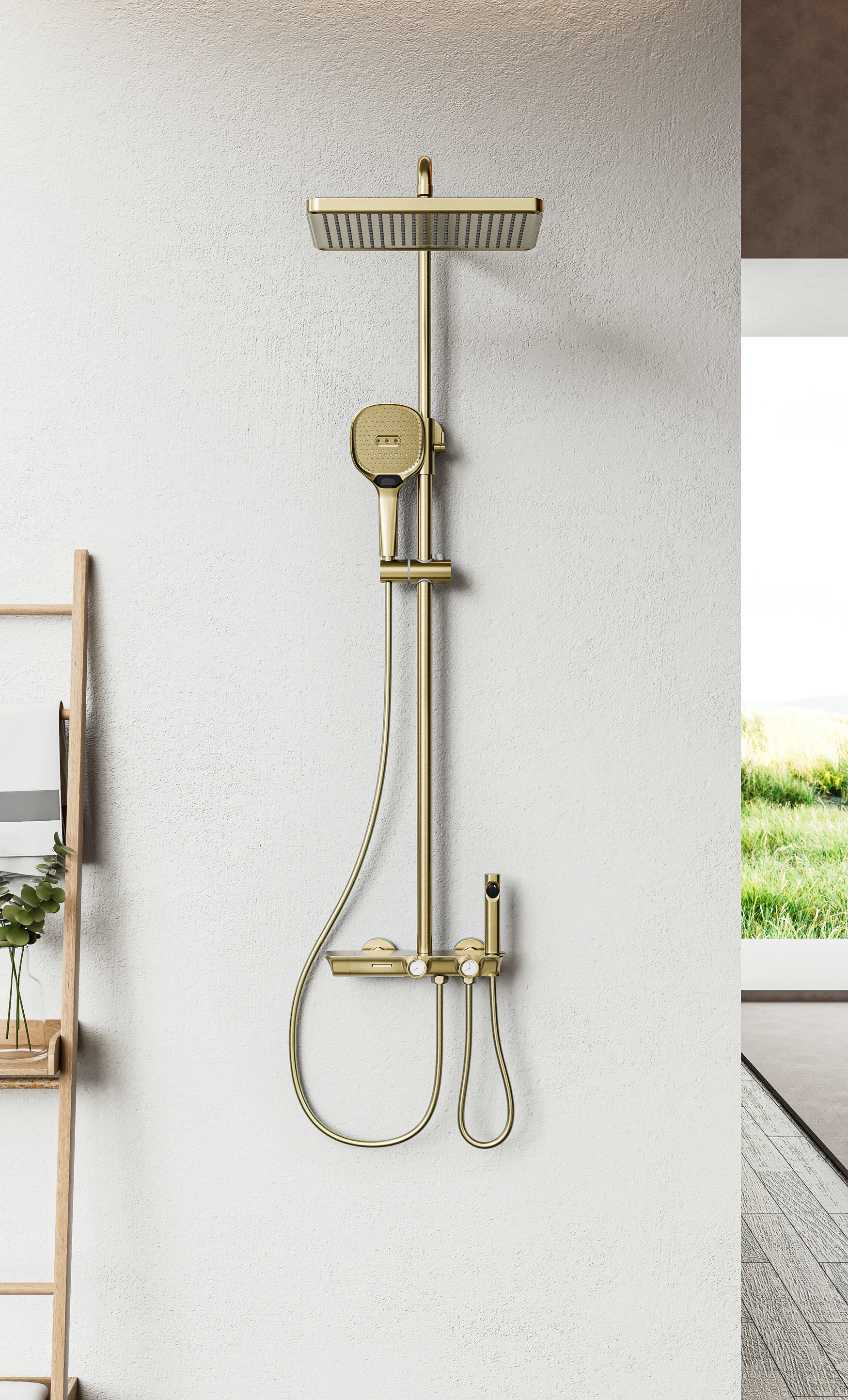 Novo Timeless Thermostatic Brushed Brass Modern Mixer Shower System 4-Function Solid Brass