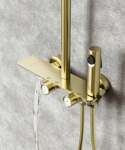 Novo Timeless Thermostatic Brushed Brass Modern Mixer Shower System 4-Function Solid Brass