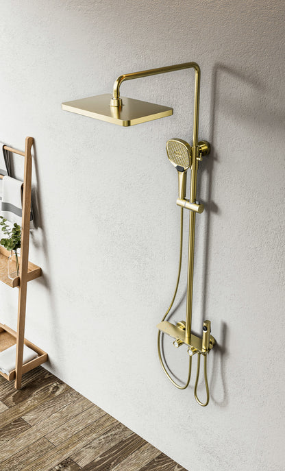 Novo Timeless Thermostatic Brushed Brass Modern Mixer Shower System 4-Function Solid Brass