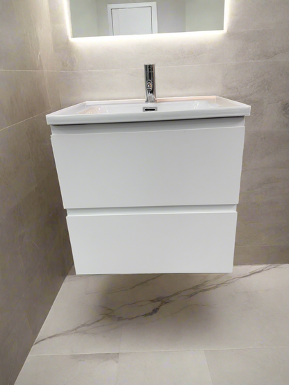1175-60 600mm Opus White Matt 2-Draw Handleless Wall Hung Bathroom Vanity Unit with Nano Glazed Ceramic Basin