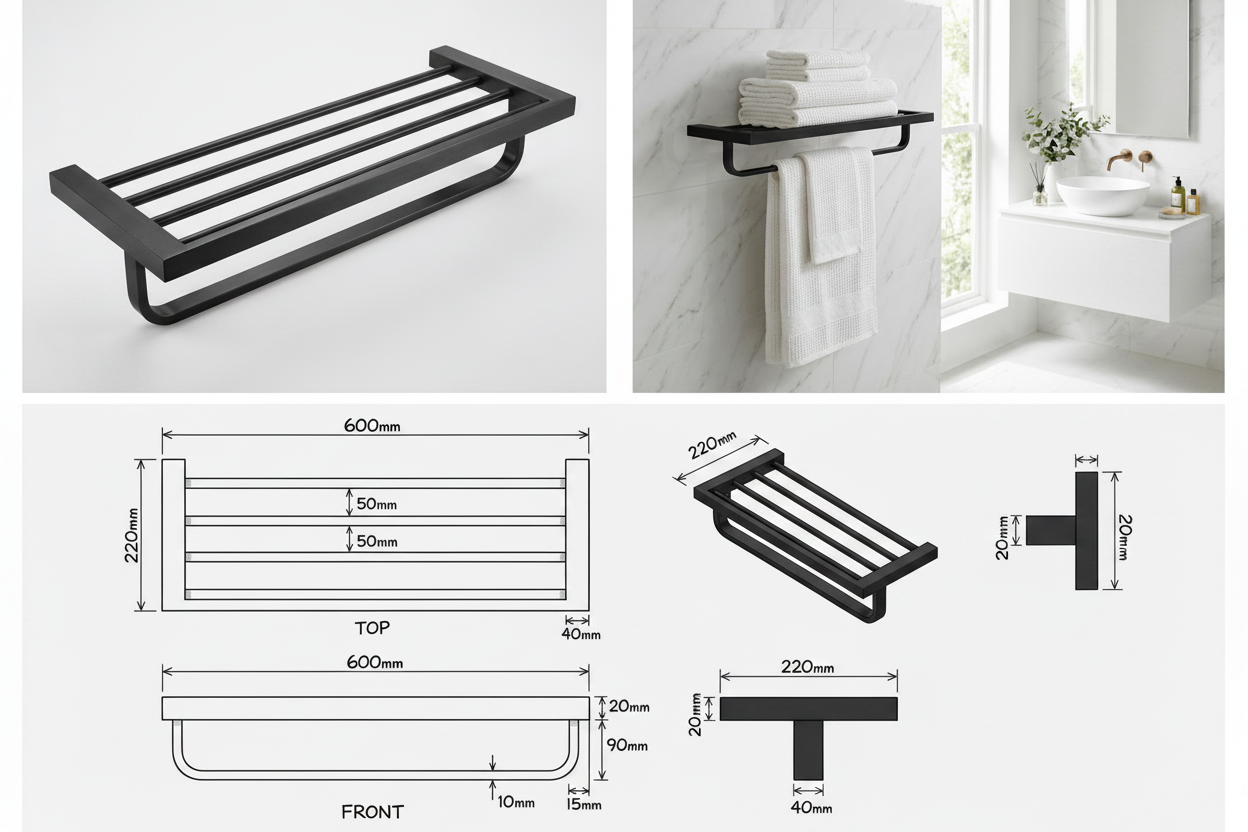 Novo Double Towel Rail with Towel Rack Matt Black