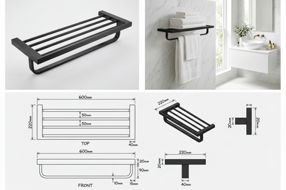 Novo Double Towel Rail with Towel Rack Matt Black