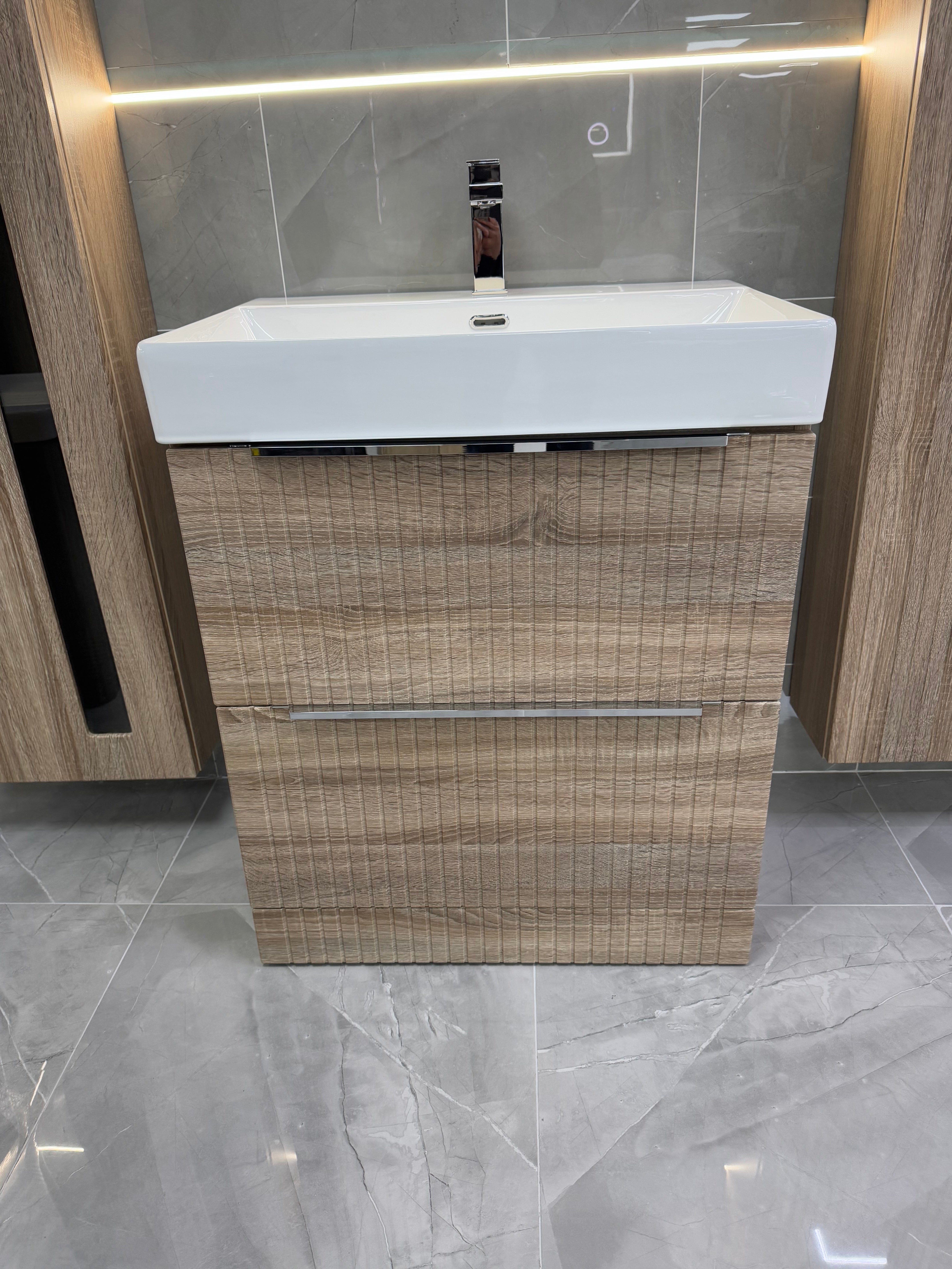 1180-70 700mm Oak Linear 2-Draw Floorstanding Bathroom Vanity unit with Nano Glazed Ceramic Basin