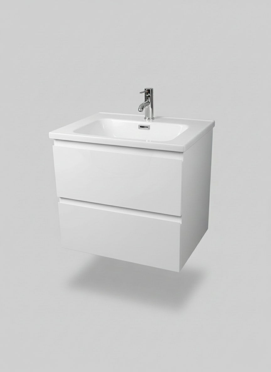 1175-60 600mm Opus White Matt 2-Draw Handleless Wall Hung Bathroom Vanity Unit with Nano Glazed Ceramic Basin