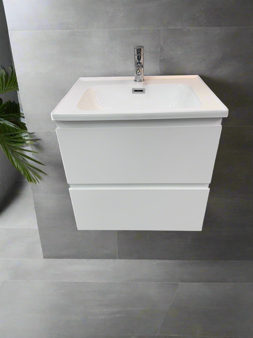 1175-60 600mm Opus White Matt 2-Draw Handleless Wall Hung Bathroom Vanity Unit with Nano Glazed Ceramic Basin