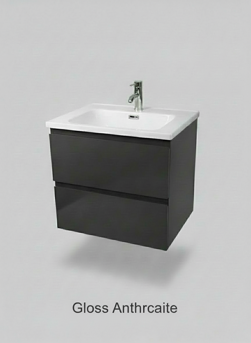 1175-60 600mm Opus White Matt 2-Draw Handleless Wall Hung Bathroom Vanity Unit with Nano Glazed Ceramic Basin