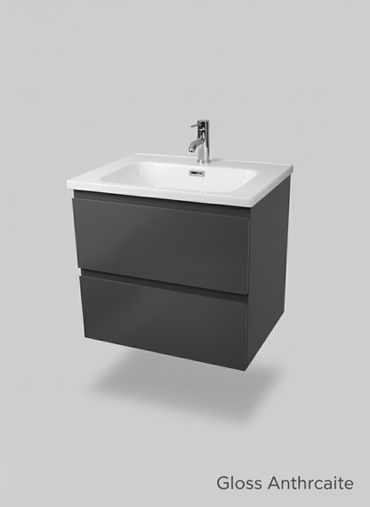 1175-60 600mm Opus White Matt 2-Draw Handleless Wall Hung Bathroom Vanity Unit with Nano Glazed Ceramic Basin