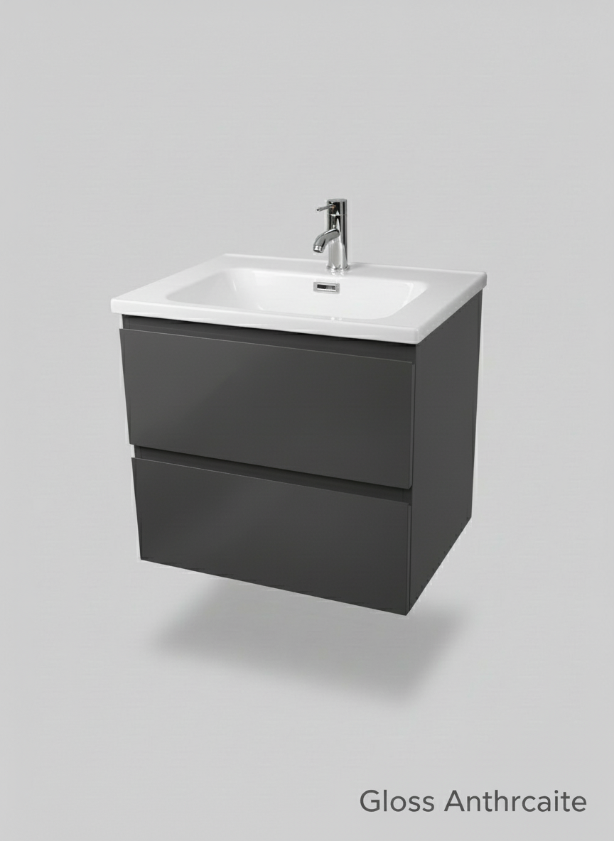 1175-60 600mm Opus White Matt 2-Draw Handleless Wall Hung Bathroom Vanity Unit with Nano Glazed Ceramic Basin