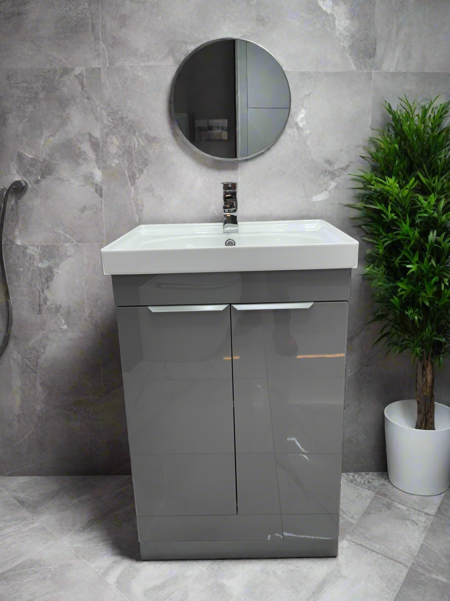 Novo 600mm Arya Smoke Grey 2-Door Floorstanding Vanity unit with Nano Glazed Ceramic Basin
