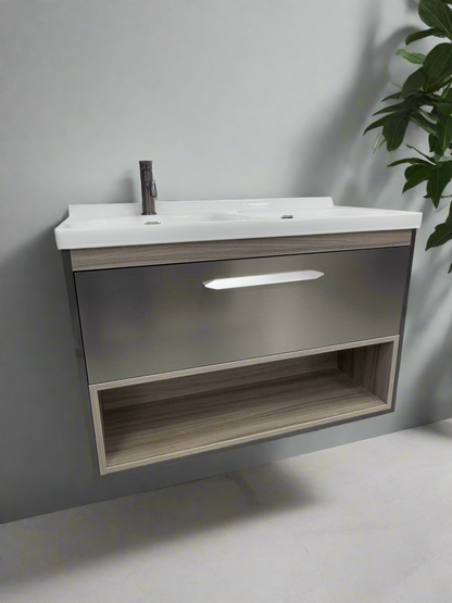 1170-100 1000mm Oak Wood Single Draw Wall Hung Bathroom Vanity unit with WoodenFrame Inc Nano Glazed Ceramic Basin