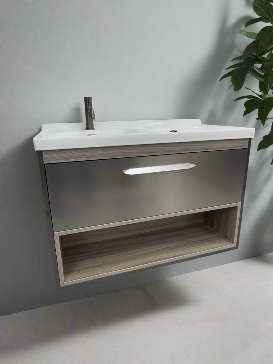 1170-100 1000mm Oak Wood Single Draw Wall Hung Bathroom Vanity unit with WoodenFrame Inc Nano Glazed Ceramic Basin