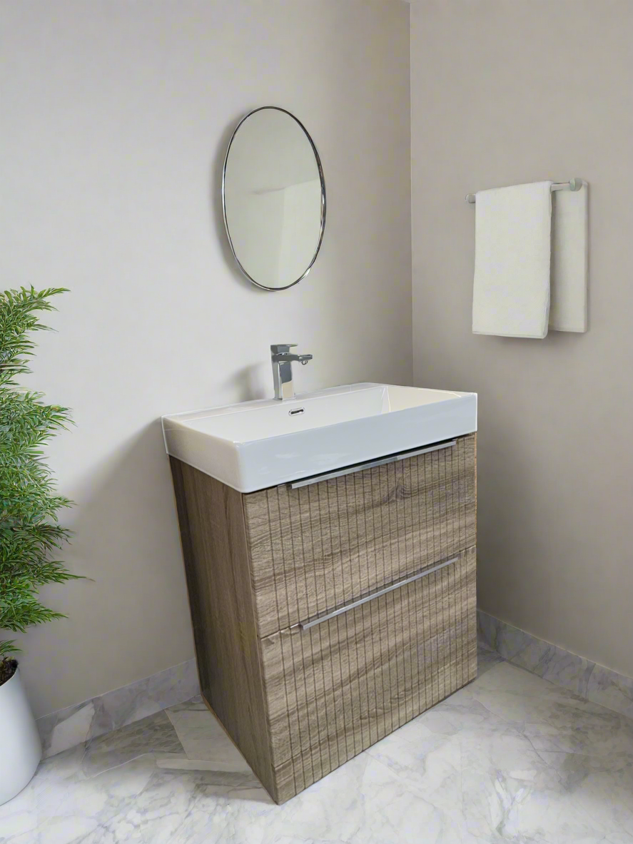 1180-70 700mm Oak Linear 2-Draw Floorstanding Bathroom Vanity unit with Nano Glazed Ceramic Basin