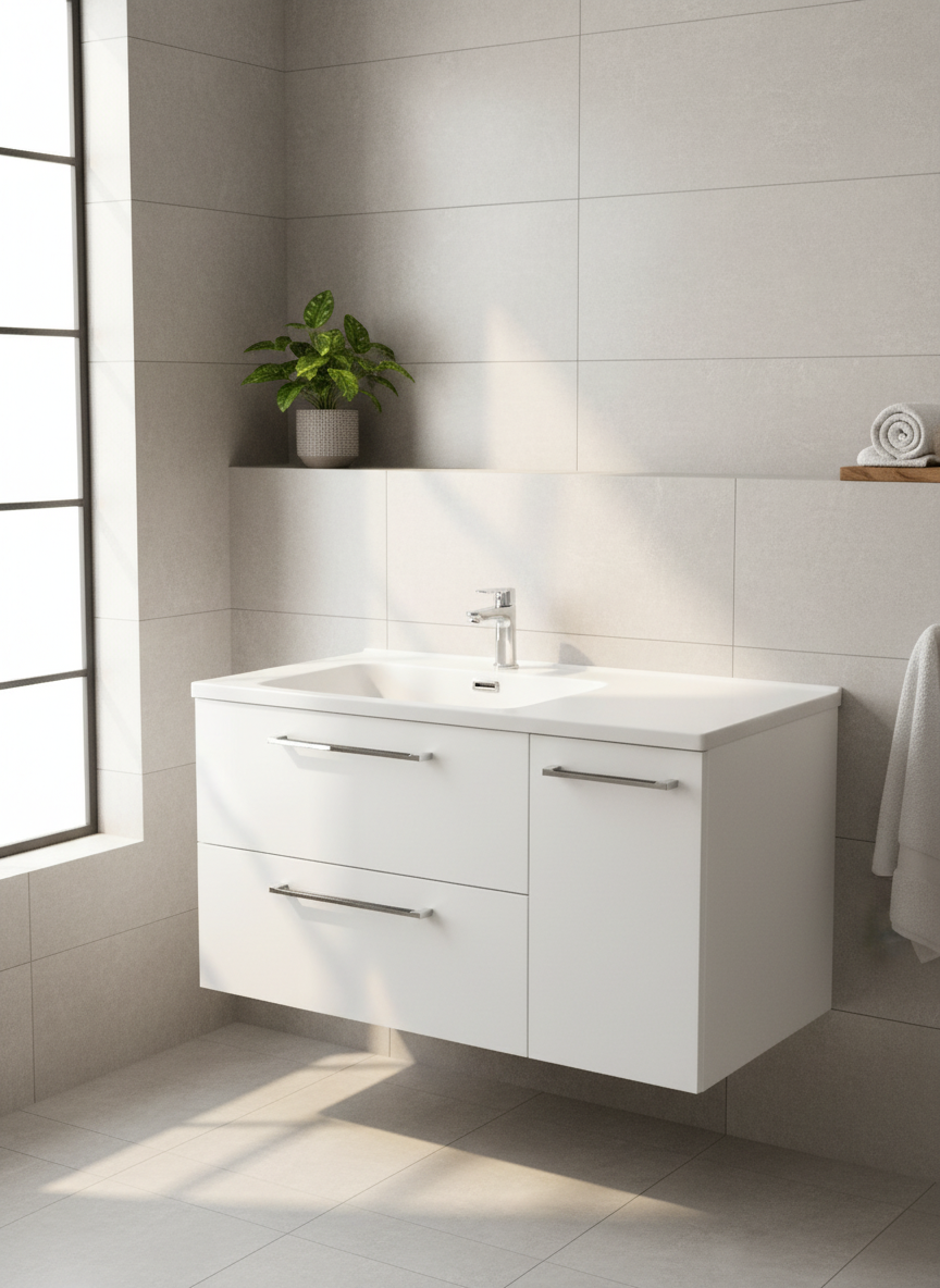 Novo 1175-1000  Sarica Acrylic Matt Pink 2-Draw Vanity with Single Door & Nano Glazed Ceramic Basin