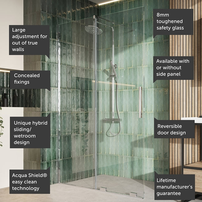 Monolux 8mm Easy Clean 2m Tall Sliding or Wetroom Shower Door & Optional Side Panel - Chrome