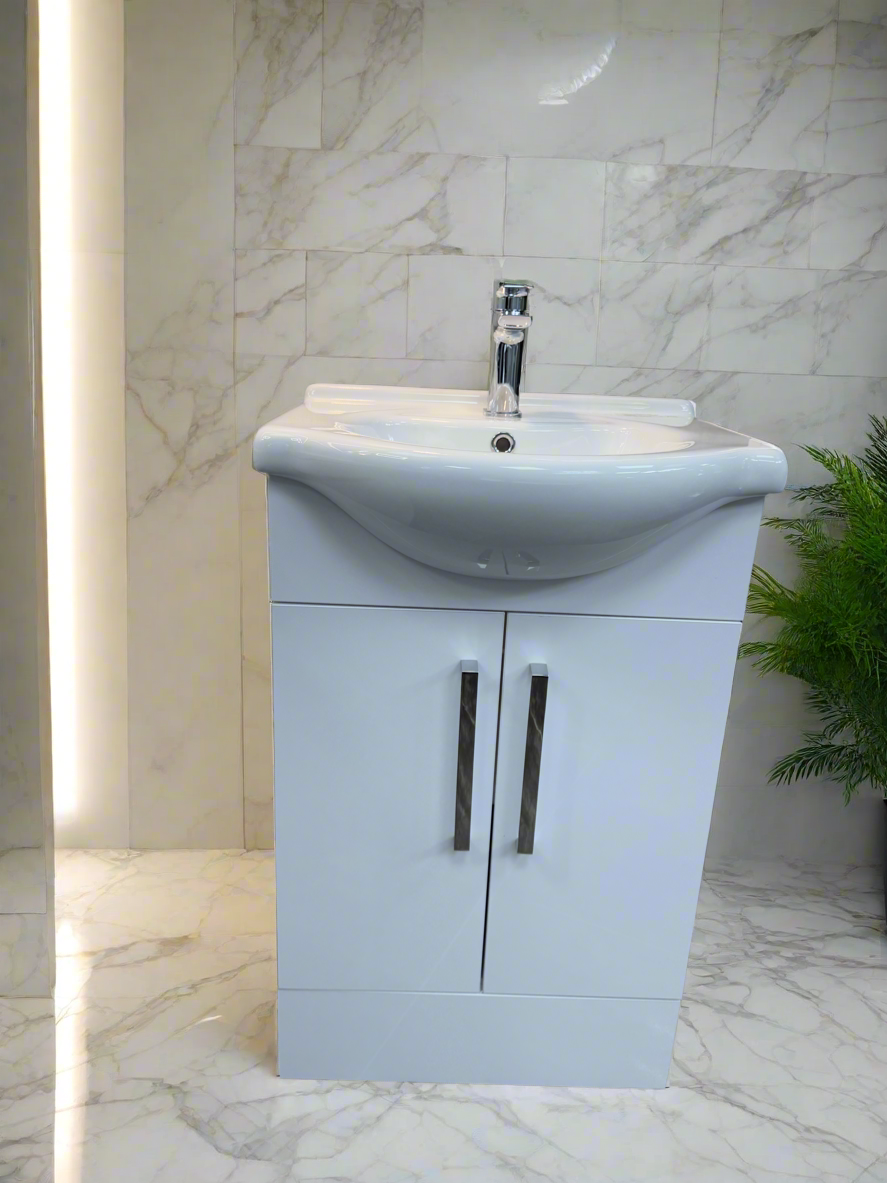 Novo Nil 550mm White Gloss Floorstanding Vanity unit with Nano Glazed Ceramic Basin
