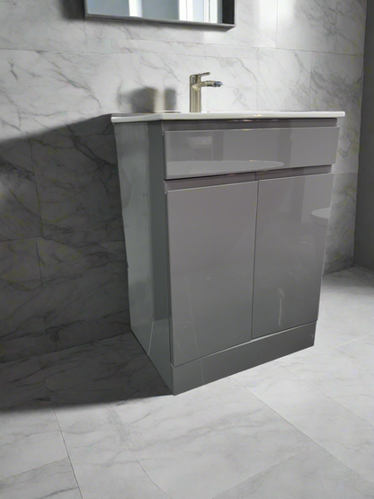 D60 600mm Grey Gloss 2-Door Handless Floor standing Bathroom Vanity unit with Nano Glazed Ceramic Basin