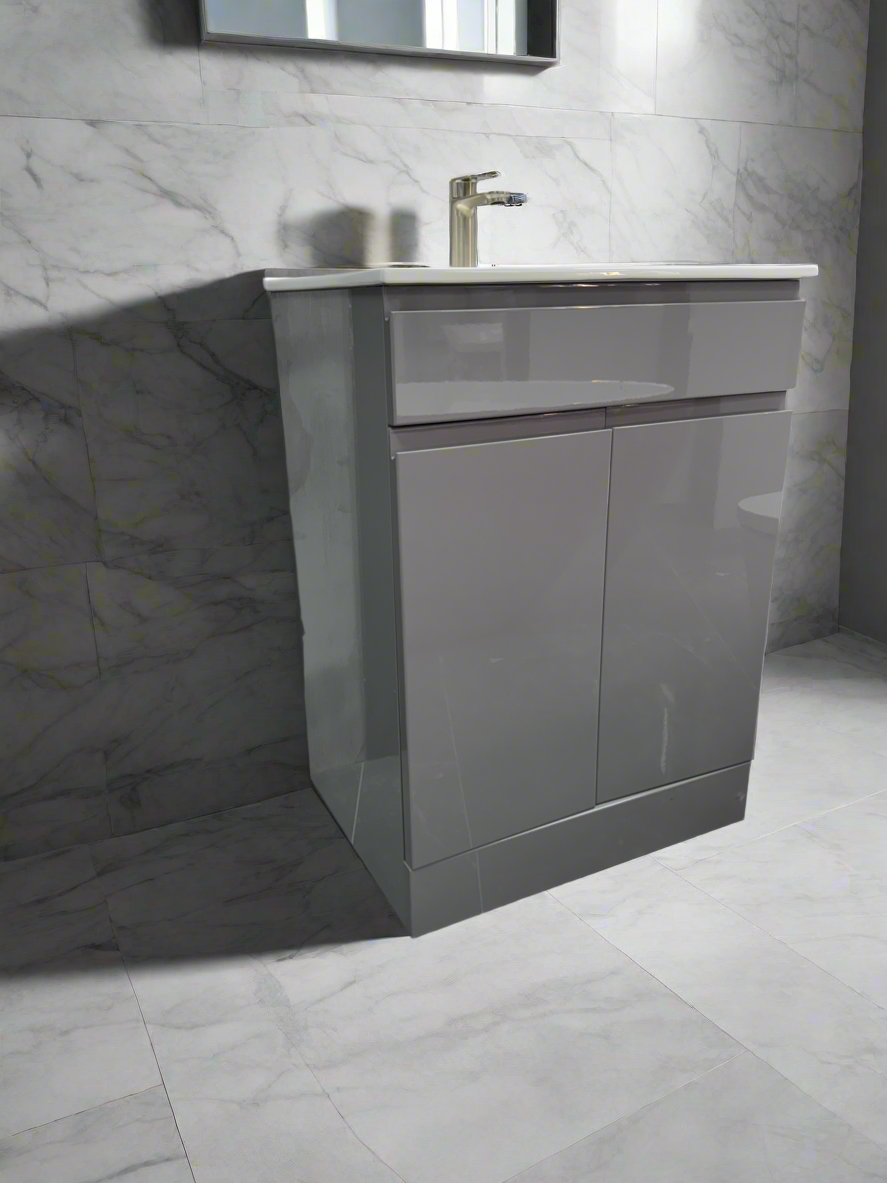 D60 600mm Grey Gloss 2-Door Handless Floor standing Bathroom Vanity unit with Nano Glazed Ceramic Basin