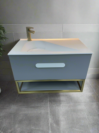 Troya 800mm Grey Matt Single Draw Bathroom Vanity Unit with Golden Frame Inc Solid Surface Basin