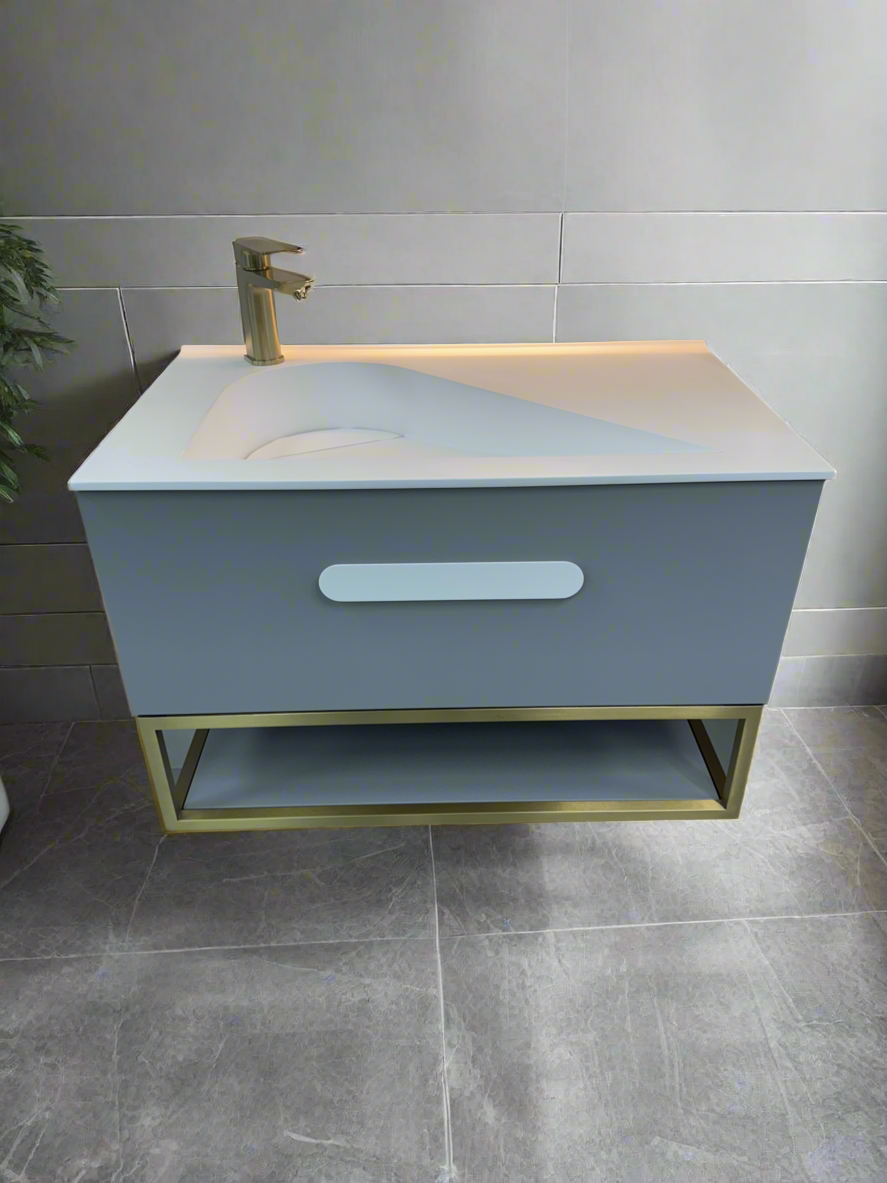 Troya 800mm Grey Matt Single Draw Bathroom Vanity Unit with Golden Frame Inc Solid Surface Basin