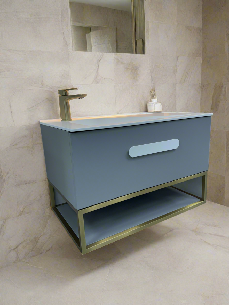 Troya 800mm Grey Matt Single Draw Bathroom Vanity Unit with Golden Frame Inc Solid Surface Basin