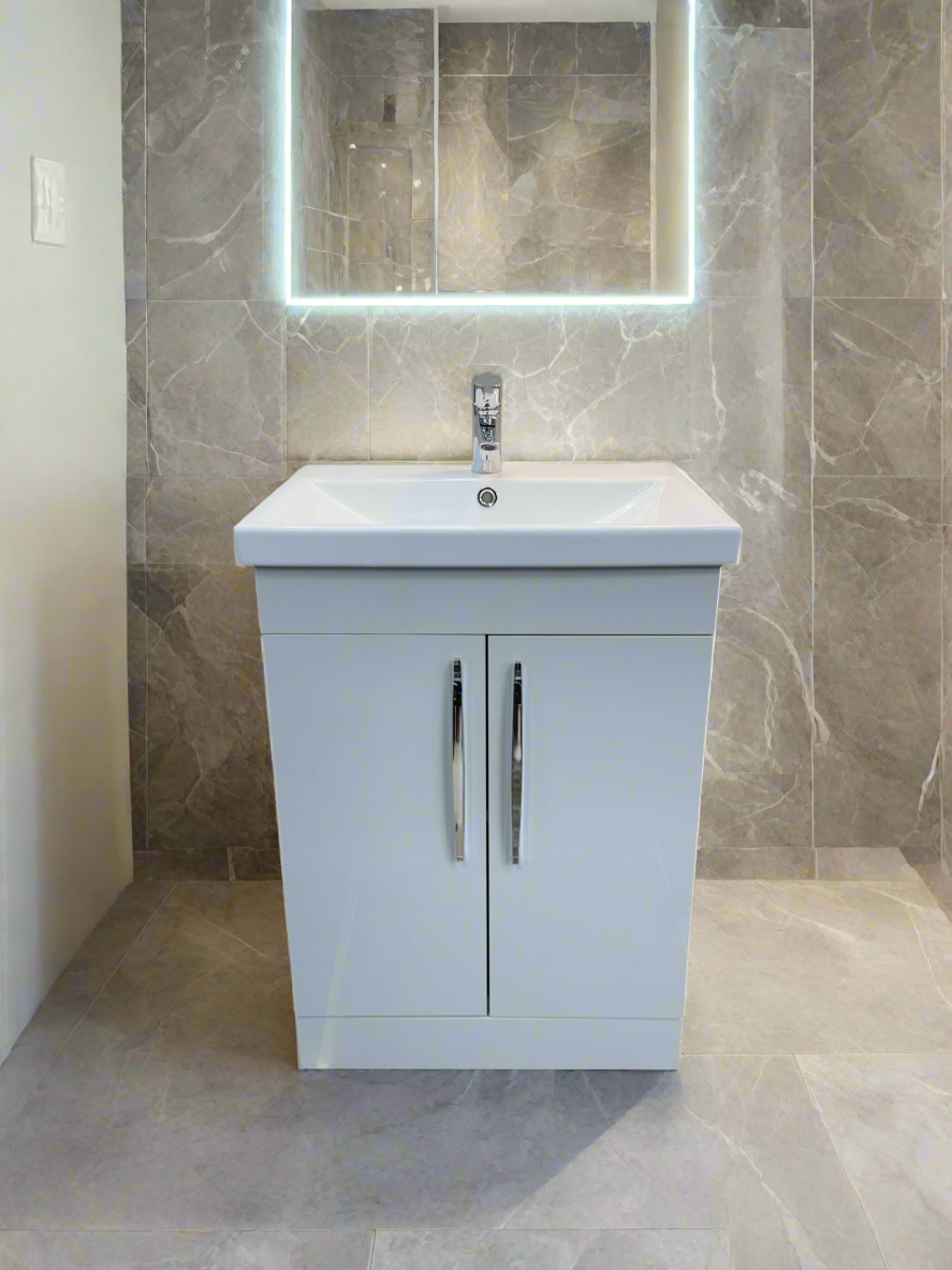 Novo Elite 600mm Gloss White 2-Door Floorstanding Vanity unit with Nano Glazed Ceramic Basin