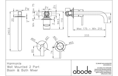 Abode Harmonie Wall Mounted Basin / Bath Mixer - Matt Black