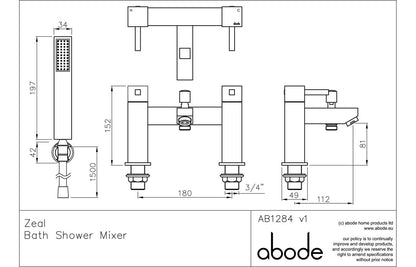 Abode Zeal Deck Mounted Bath Shower Mixer with Shower Handset - Chrome