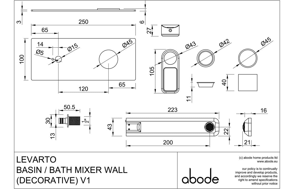 Abode Levarto Wall Mounted Basin / Bath Mixer - Matt Black & Brass