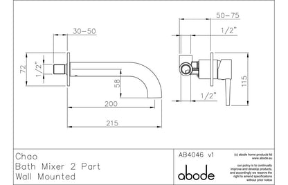 Abode Chao Wall Mounted 2-Hole Bath Mixer - Chrome