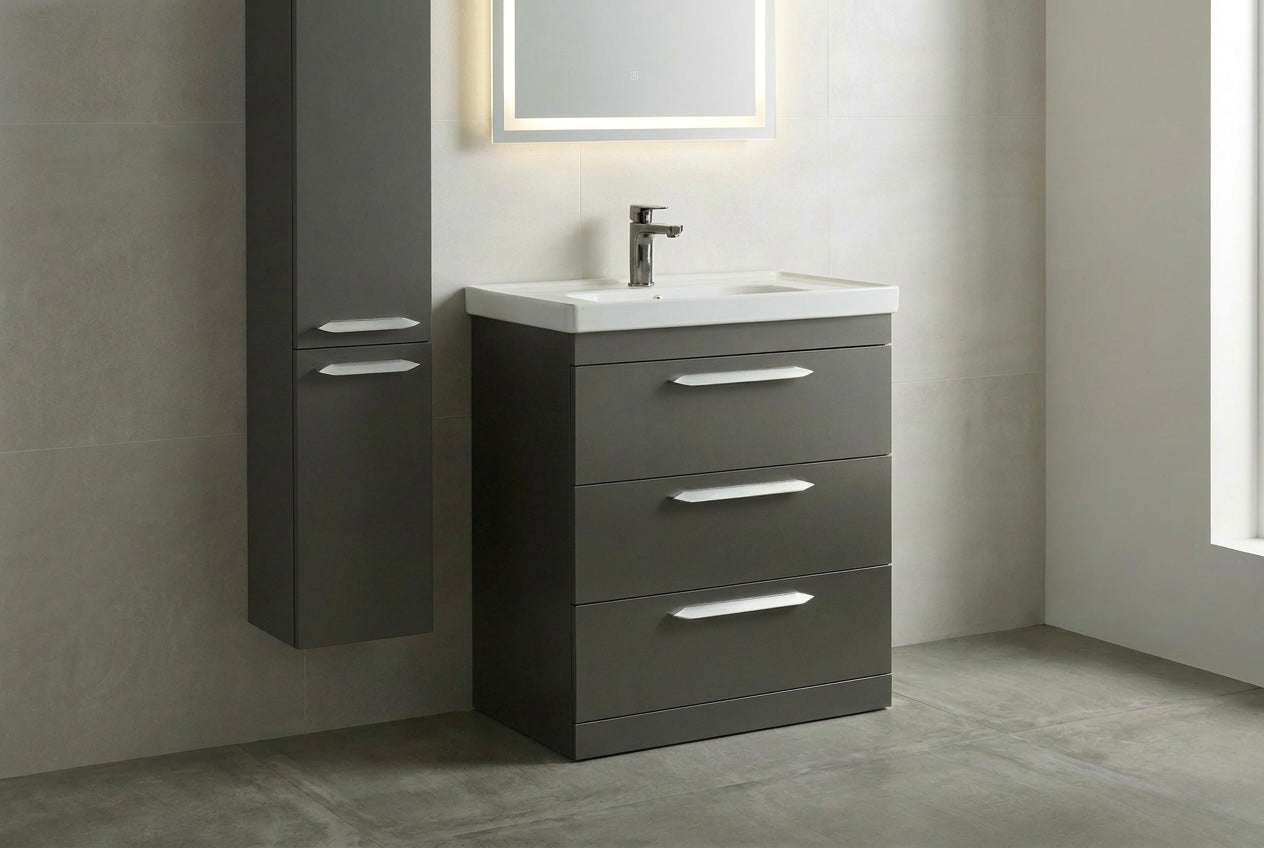 Novo Arya 800mm  3-Draw GunMetal Floorstanding Vanity unit with Nano Glazed Ceramic Basin