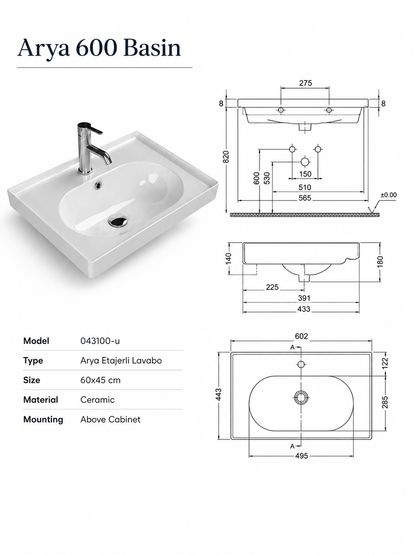 Novo 600mm Frame White DTA 2-Door Floorstanding Vanity unit with Nano Glazed Ceramic Basin