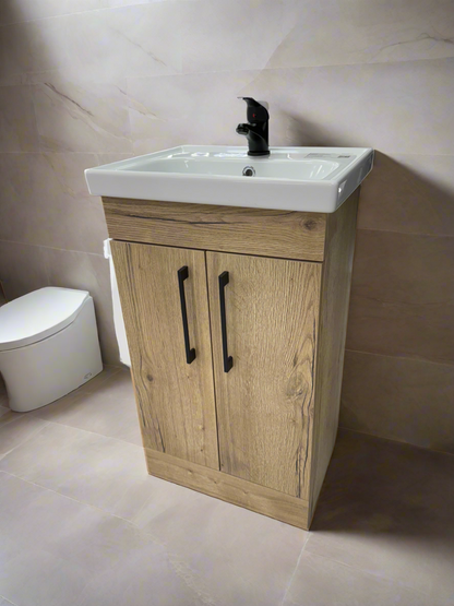 Novo Frame Oak Wood 500mm 2-Door Floorstanding Bathroom Vanity Unit with Nano Glazed Ceramic Basin