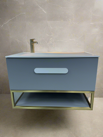 Troya 800mm Grey Matt Single Draw Bathroom Vanity Unit with Golden Frame Inc Solid Surface Basin