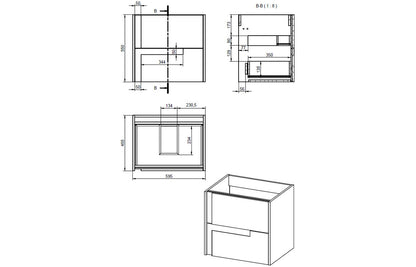 Cresta 615mm Wall Hung 2 Drawer Basin Unit & White Basin - Matt Cotton & Oak Effect