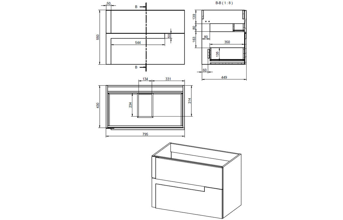 Cresta 805mm Wall Hung 2 Drawer Basin Unit & Co-ordinating Basin - Matt Black & Glass