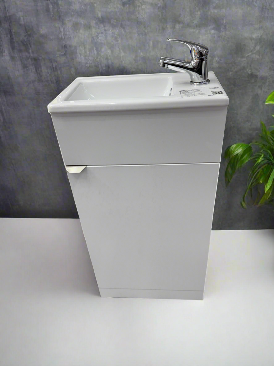 Novo Mini 400mm White Gloss Single door Floorstanding Cloackroom Vanity unit with Nano Ceramic Glazed Basin