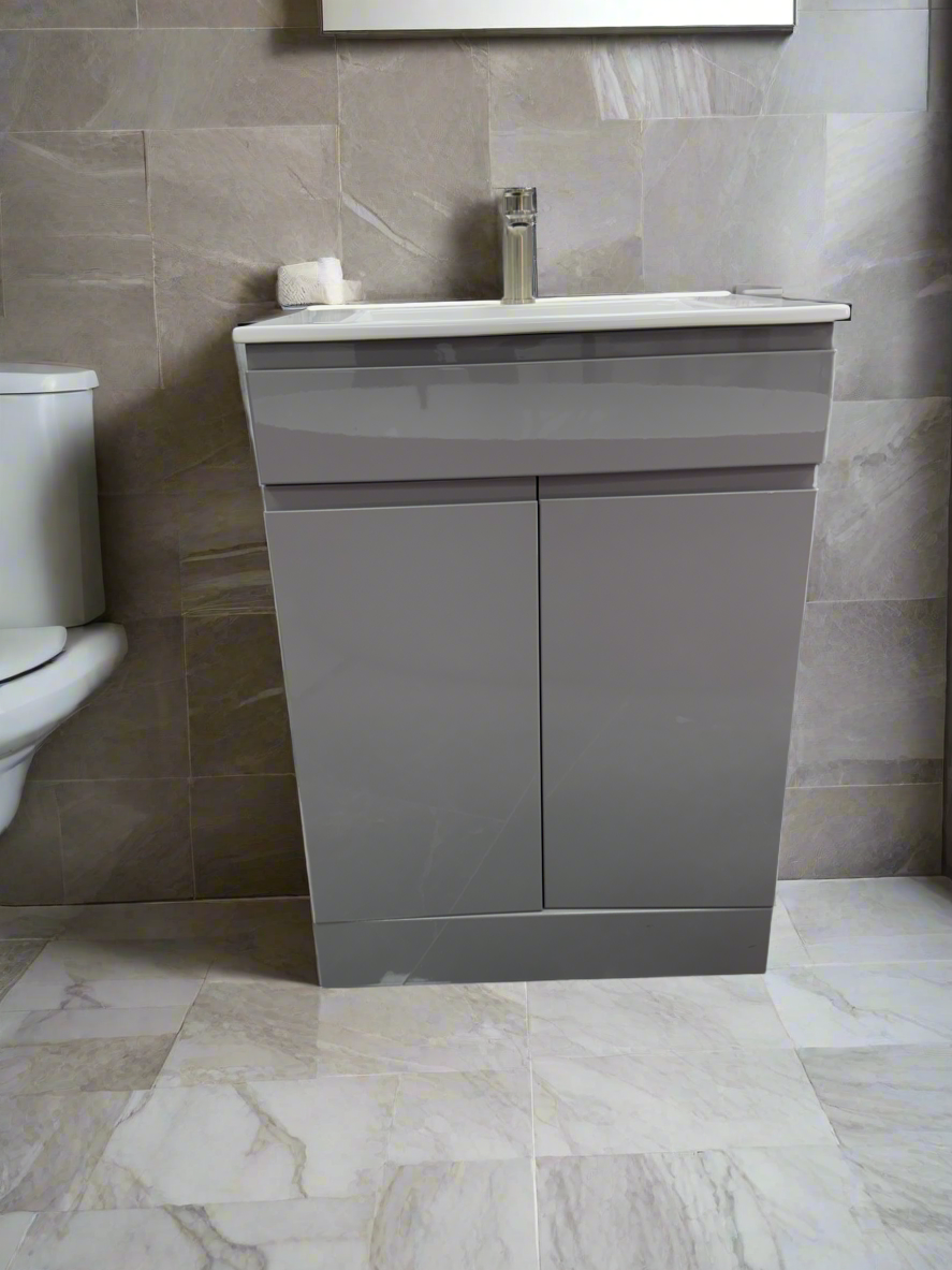 D60 600mm Grey Gloss 2-Door Handless Floor standing Bathroom Vanity unit with Nano Glazed Ceramic Basin